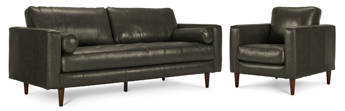 Bari charcoal leather sofa and chair set shown together with tufted seating, plush back cushions and tapered wood legs