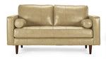 Front view of Bari Leather Loveseat in stone with two cushioned backrests, tufted bench seat, bolster pillows and tapered wood legs