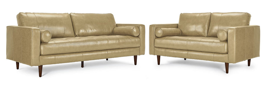 Bari Leather Sofa and Loveseat Set in stone with tufted bench seating, cylindrical bolster pillows, track arms and tapered wood legs