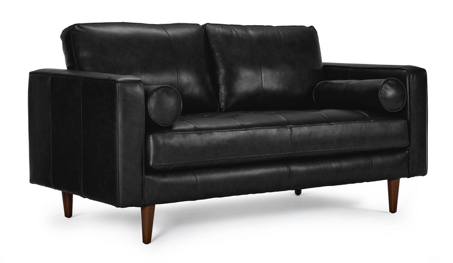 Bari Leather Loveseat in black with tufted seating, two plush back cushions, bolster pillows and wood legs.