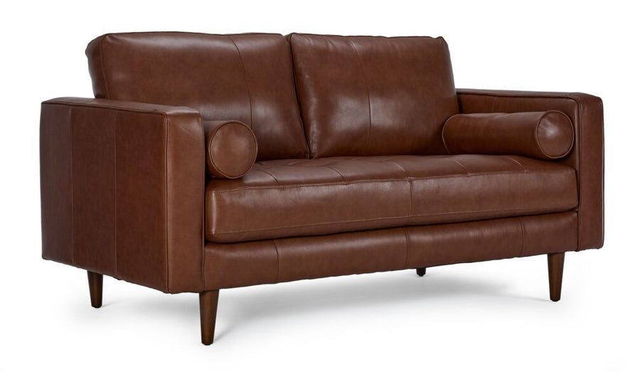 Bari Leather Loveseat in cobblestone brown, shown at an angle with two back cushions, tufted seat, bolster pillows and tapered wood legs