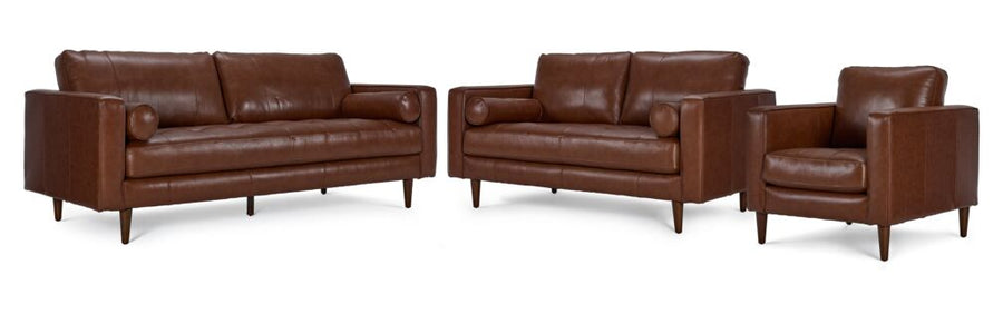 Bari Leather Sofa, Loveseat and Chair Set in cobblestone brown with tufted seating, bolster pillows, track arms and tapered wood legs