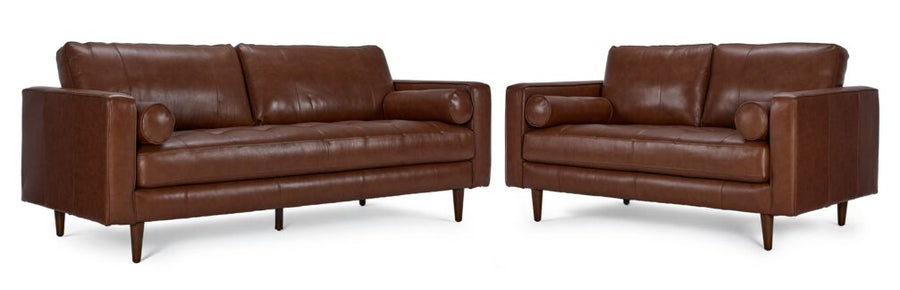 Bari Leather Sofa and Loveseat Set in cobblestone brown with tufted seating, cylindrical bolster pillows and tapered wood legs