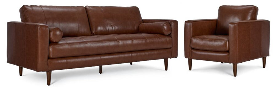 Bari Leather Sofa and Chair Set in cobblestone brown with tufted seating, track arms and tapered wood legs