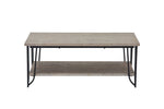 Bennet rustic oak coffee table front view with rectangular top, black metal frame and lower storage shelf