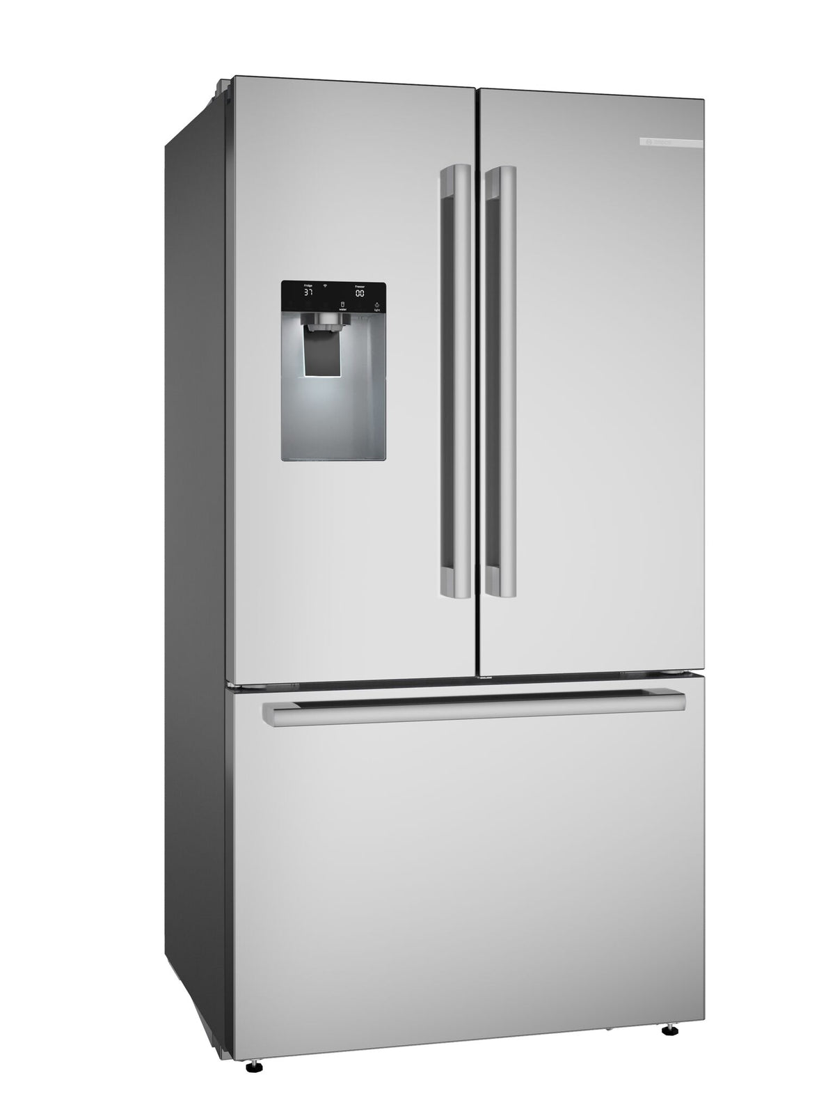 Bosch stainless steel French door refrigerator shown from a three-quarter front angle with bottom freezer drawer