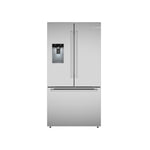 Bosch fingerprint resistant stainless steel French door refrigerator shown from the front with external water dispenser
