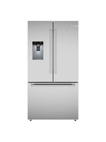 Bosch fingerprint resistant stainless steel French door refrigerator shown from the front with external water dispenser