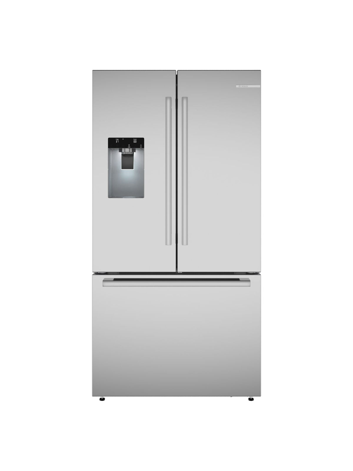 Bosch fingerprint resistant stainless steel French door refrigerator shown from the front with external water dispenser