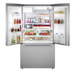 Open Bosch 26.0 cu. ft. French door refrigerator stocked with groceries, produce, drinks and door storage