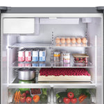 Bosch refrigerator interior with adjustable glass shelves, LED lighting, produce drawers and stocked food storage