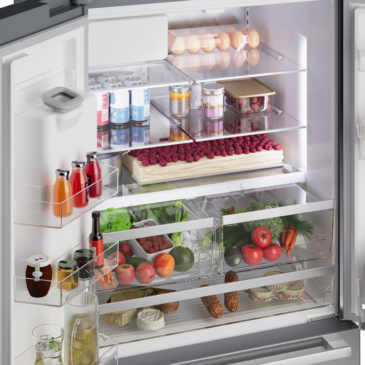 Angled Bosch refrigerator interior showing door bins, crisper drawers, glass shelves and fresh food storage