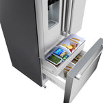 Bosch French door refrigerator bottom freezer drawer open with organized frozen food storage