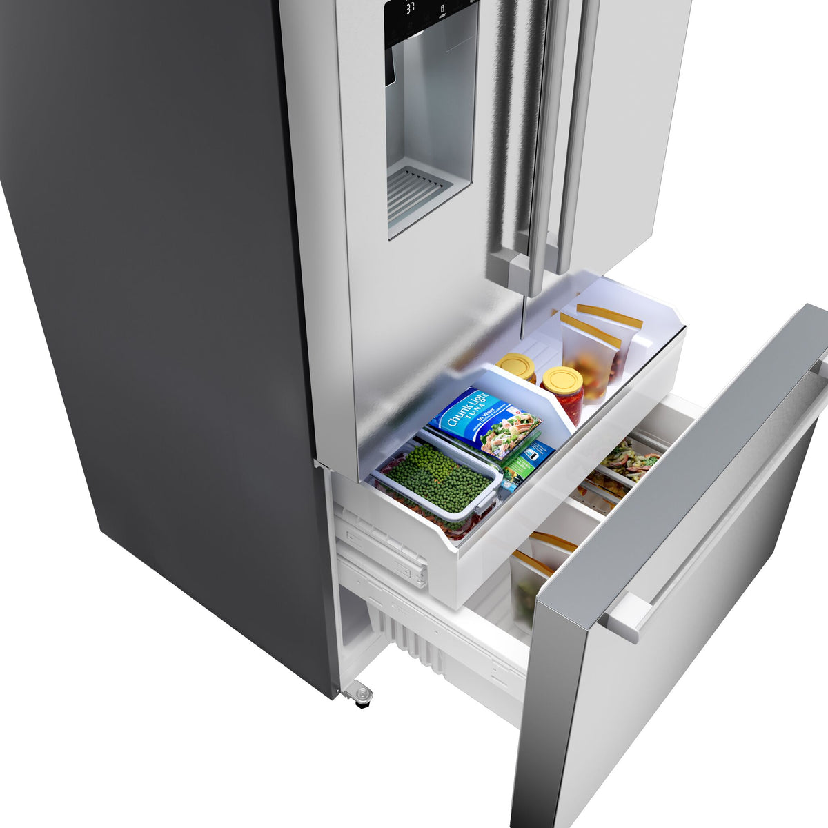 Bosch French door refrigerator bottom freezer drawer open with organized frozen food storage