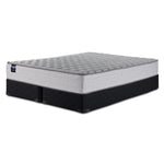 Sealy Burchelle Extra Firm Tight Top King mattress and black split boxspring set, three-quarter view