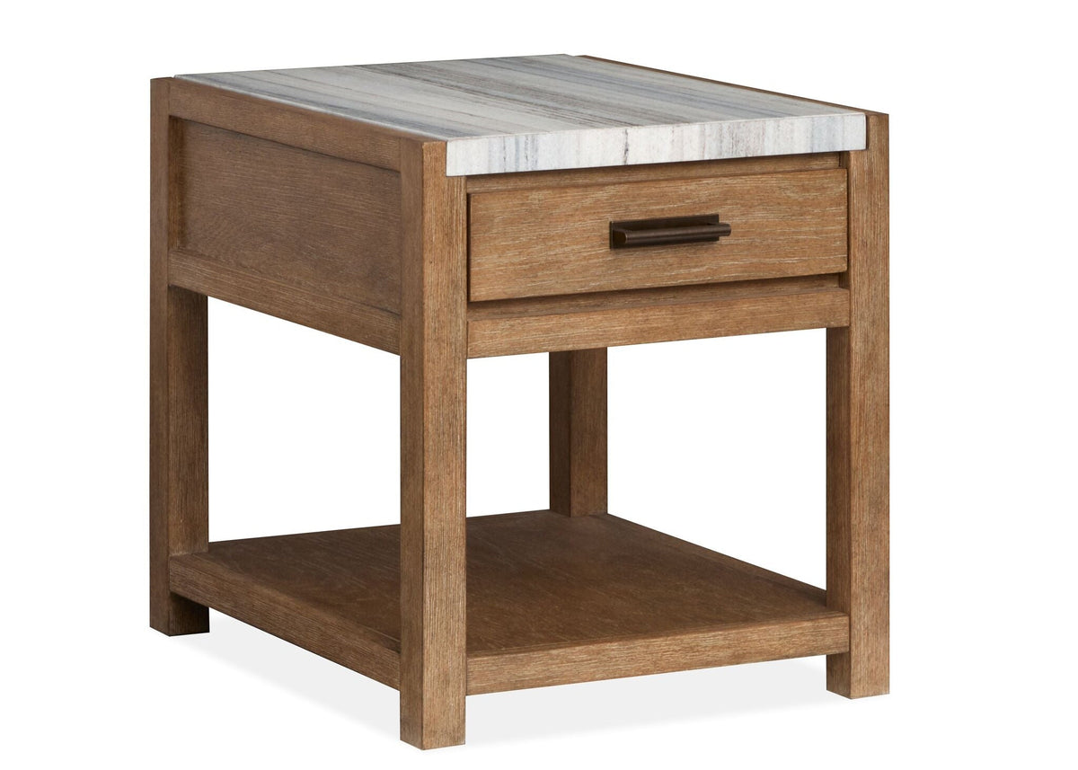 Plum Creek 22-inch Sierra Brown end table with marble top, drawer and lower fixed shelf