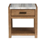 Plum Creek marble top end table with Sierra Brown wood base and oil-rubbed bronze hardware