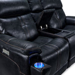 Close-up of Franco Eclipse loveseat with open centre storage, power controls and blue illuminated armrest cup holder