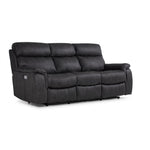 Haven grey dual power reclining sofa with padded arms, contrast stitching and angled front view