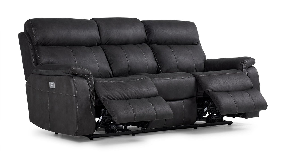 Haven dual power reclining sofa in grey fabric with extended footrests, angled front view
