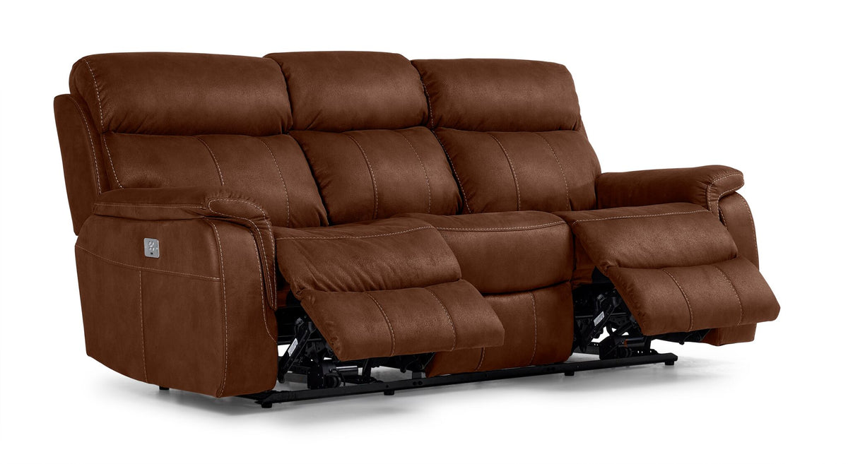 Haven mocha reclining sofa with power headrests, full chaise footrests and extended recline position