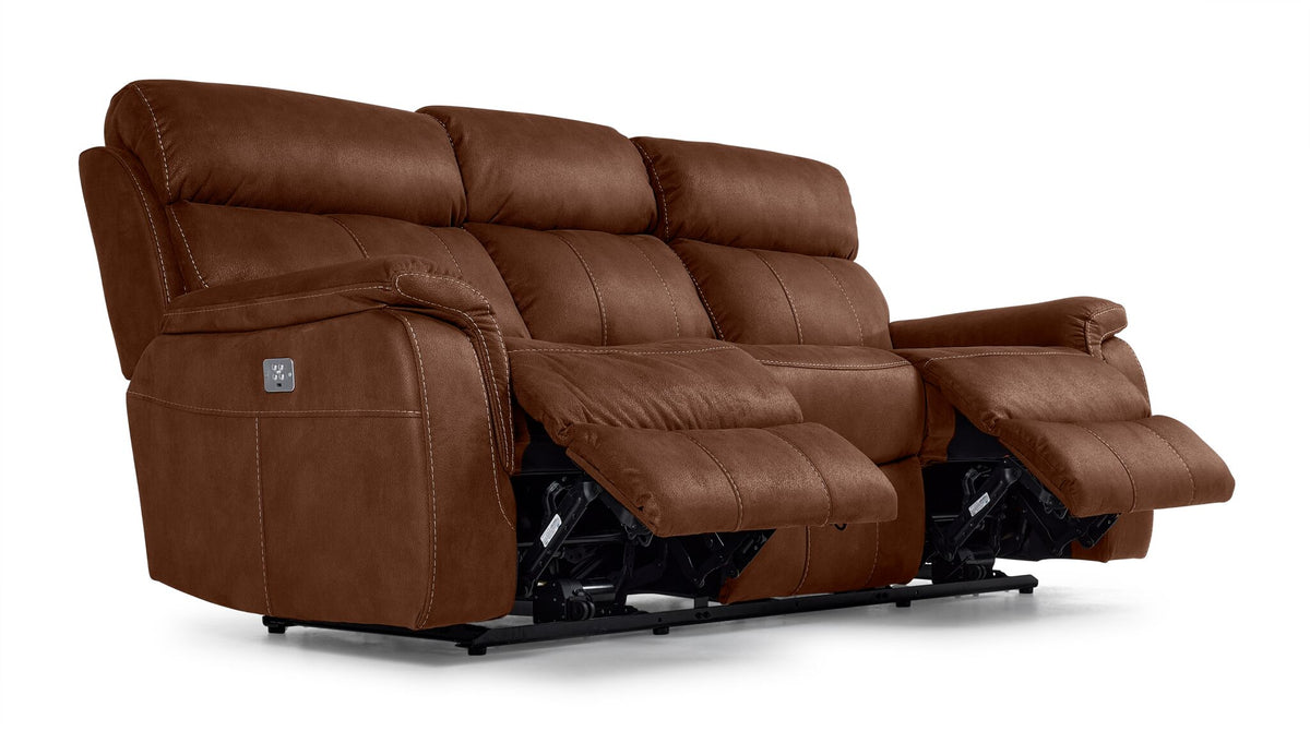 Haven mocha sofa detail view showing cushioned arm, stitched upholstery and contemporary reclining design