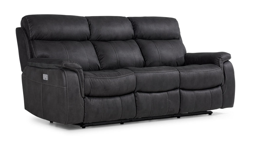 Haven grey dual power reclining sofa with padded arms, contrast stitching and angled front view