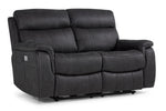 Haven Dual Power Reclining Loveseat in grey with two padded backrests, plush bucket seats, curved arms and power controls