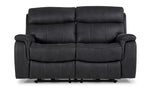 Front view of Haven Dual Power Reclining Loveseat in grey with two cushioned seats, tall padded backs and contrast stitching