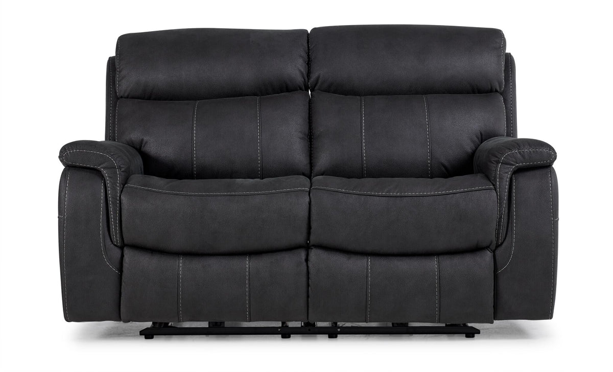 Front view of Haven Dual Power Reclining Loveseat in grey with two cushioned seats, tall padded backs and contrast stitching