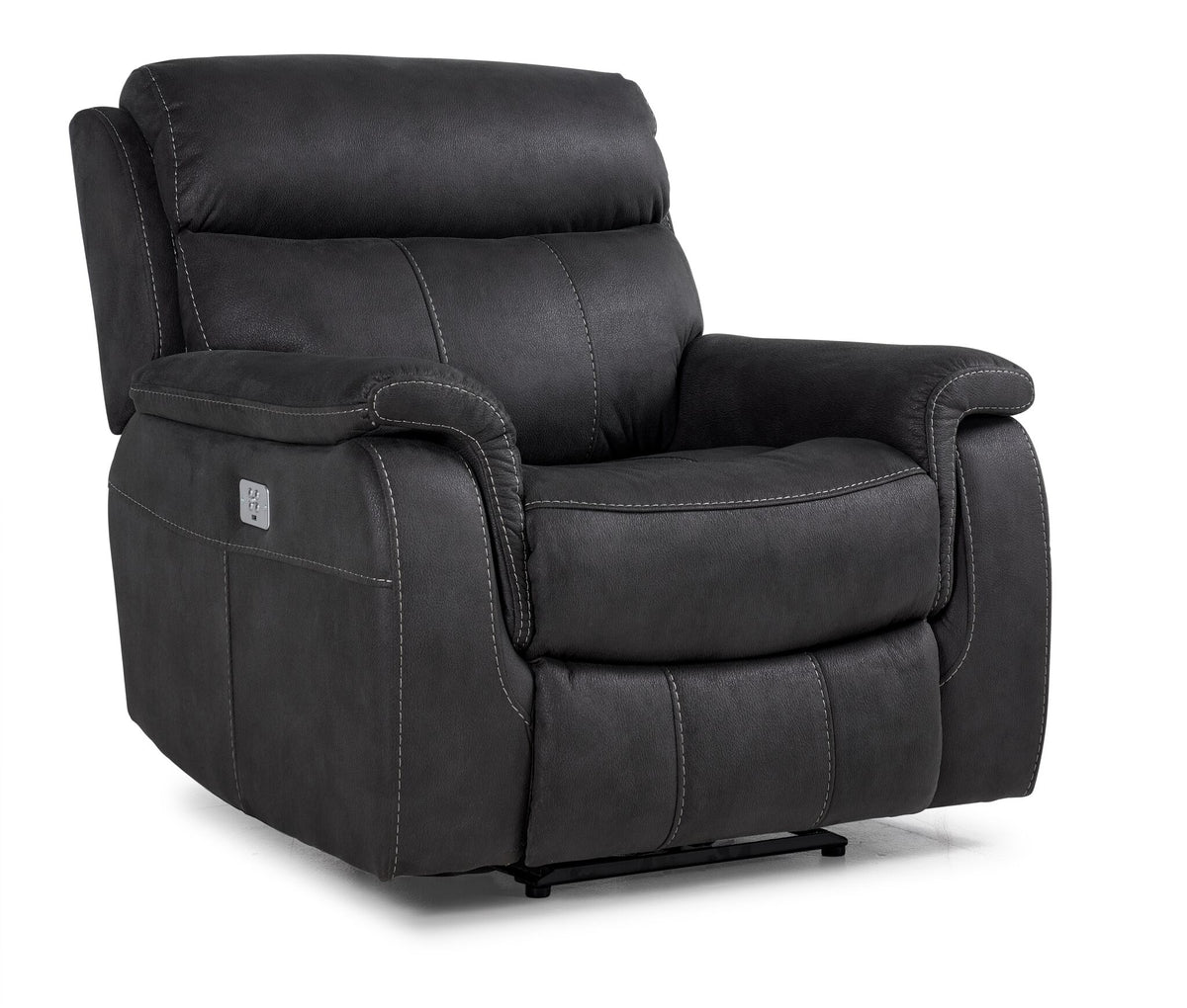 Haven Dual Power Recliner in grey with padded headrest, plush bucket seat, curved arms and side-mounted power controls
