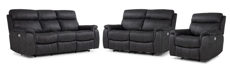 Haven Dual Power Reclining Sofa, Loveseat and Recliner Set in grey with plush seating, padded headrests and contrast stitching