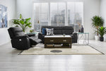 Haven grey reclining sofa and matching recliner in a living room with coffee table