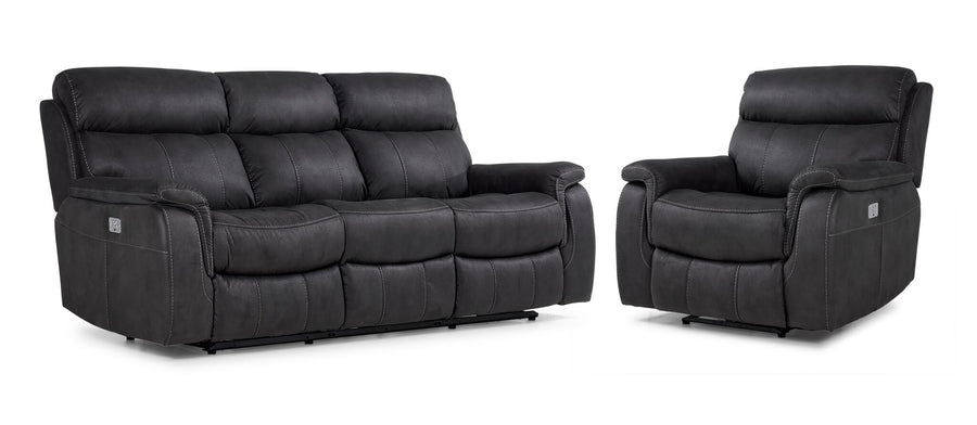 Haven dual power reclining sofa and chair set in grey with plush seating, padded headrests and contrast stitching