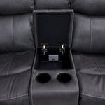 Close-up of Haven grey sectional centre console with open storage compartment, two cup holders and charging ports