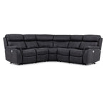 Haven 5-piece dual power reclining sectional in grey, three-quarter view with padded seats and curved corner
