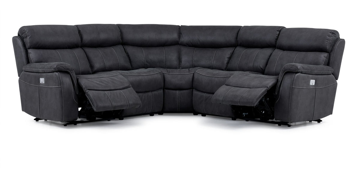 Haven grey 5-piece dual power reclining sectional with both end recliners extended