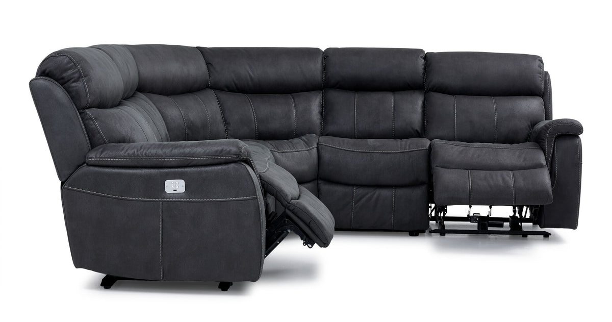 Haven grey 5-piece dual power reclining sectional side view with both power recliners extended