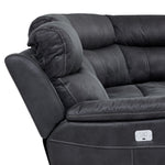 Close-up of Haven grey sectional showing padded headrest, contrast stitching and side-mounted power controls