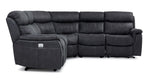 Haven grey 5-piece dual power reclining sectional shown from the side with plush seating and power controls
