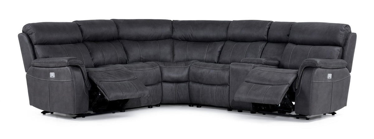 Haven grey 6-piece dual power reclining sectional with both end footrests extended and centre console