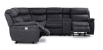 Side view of Haven grey 6-piece sectional with dual power recliners extended, padded headrests and centre console