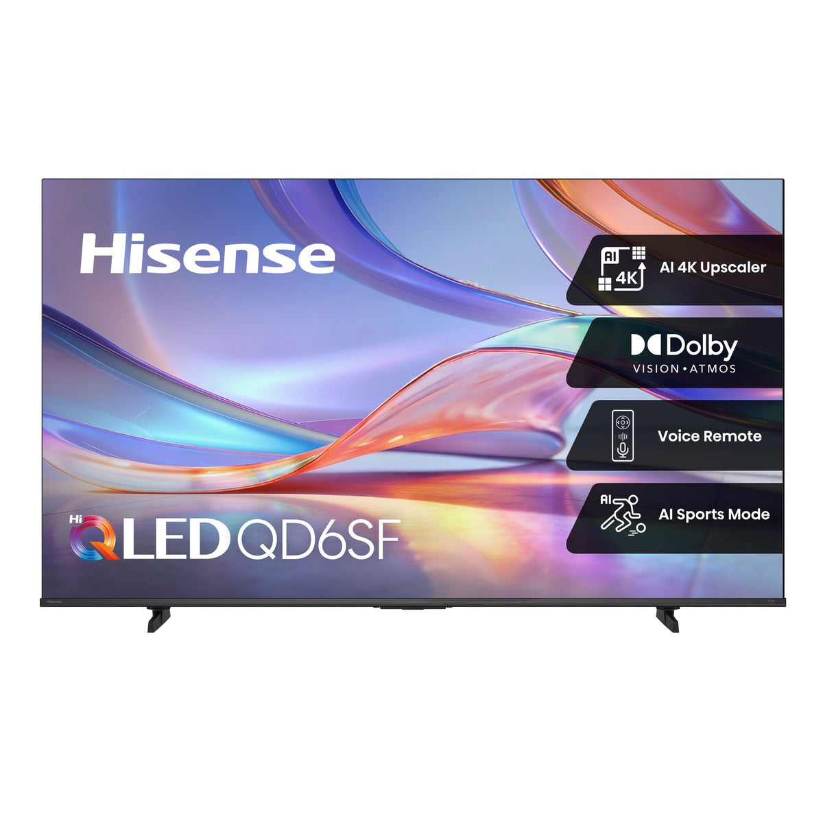 75" Hisense QLED TV highlighting AI 4K Upscaler, Dolby Vision Atmos, Voice Remote and AI Sports Mode