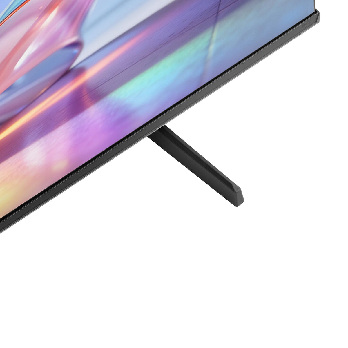 Close-up of the lower QLED screen edge and black stand leg
