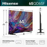 Hisense 65QD6SF dimensions, product weight and VESA wall mount specification graphic
