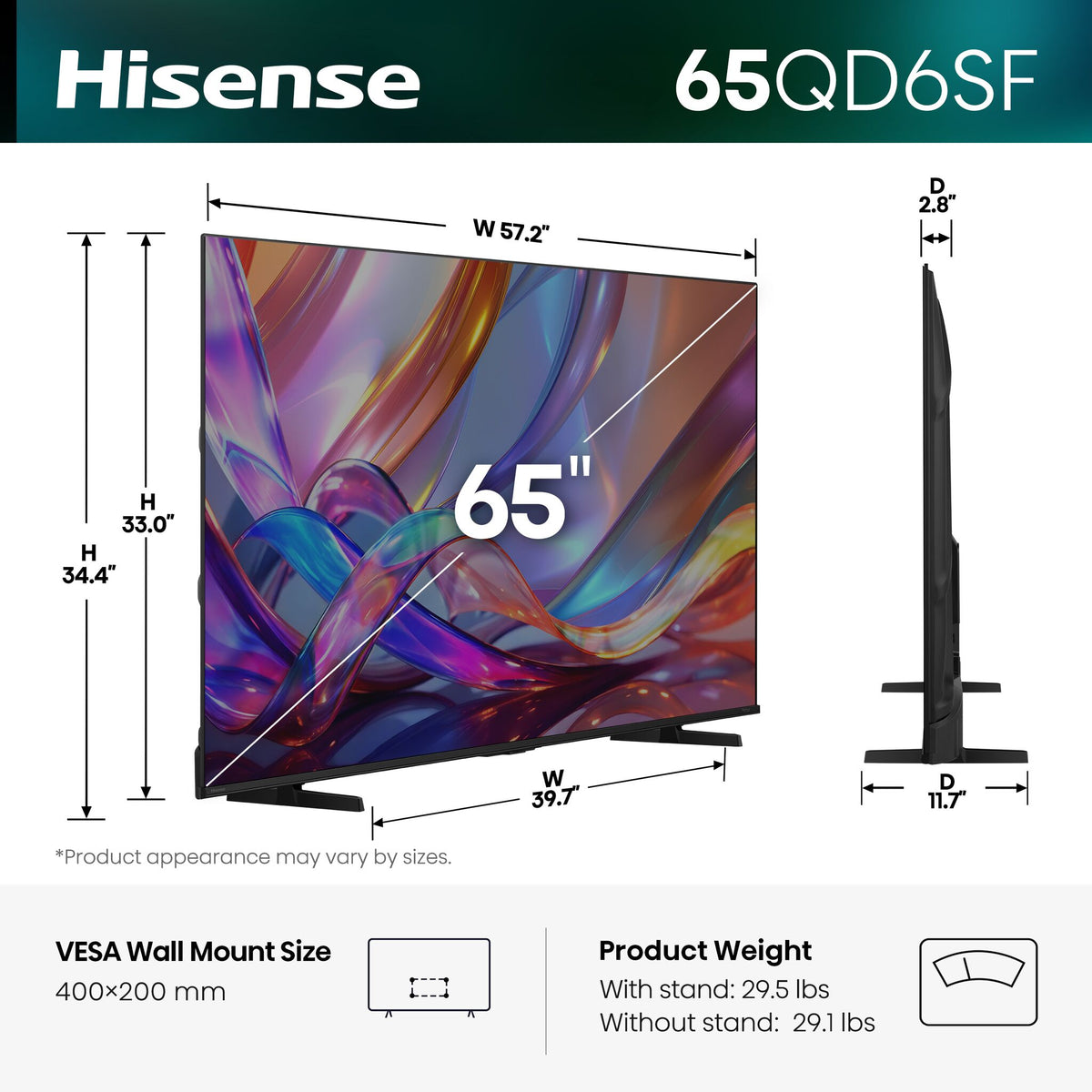 Hisense 65QD6SF dimensions, product weight and VESA wall mount specification graphic