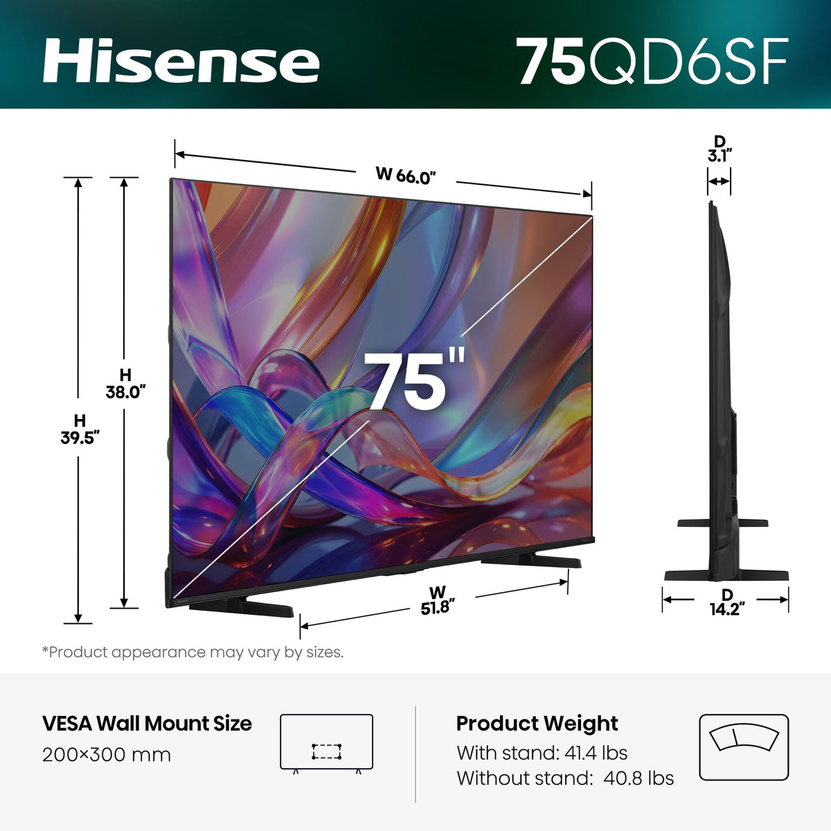 Hisense 75QD6SF dimensions, VESA wall mount size and product weight infographic