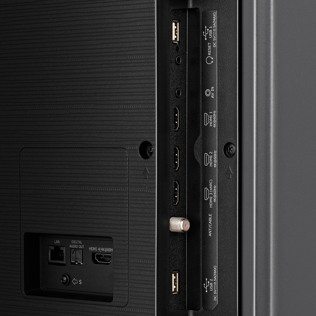 Rear connection detail showing USB, optical audio, HDMI, antenna and Ethernet ports