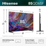 Hisense 85QD6SF dimensions, weight and VESA wall mount specification graphic