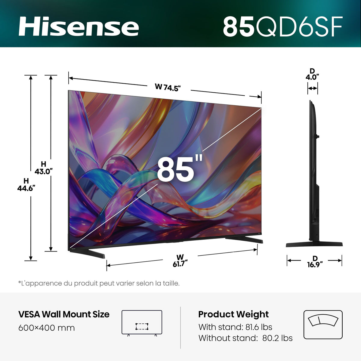 Hisense 85QD6SF dimensions, weight and VESA wall mount specification graphic